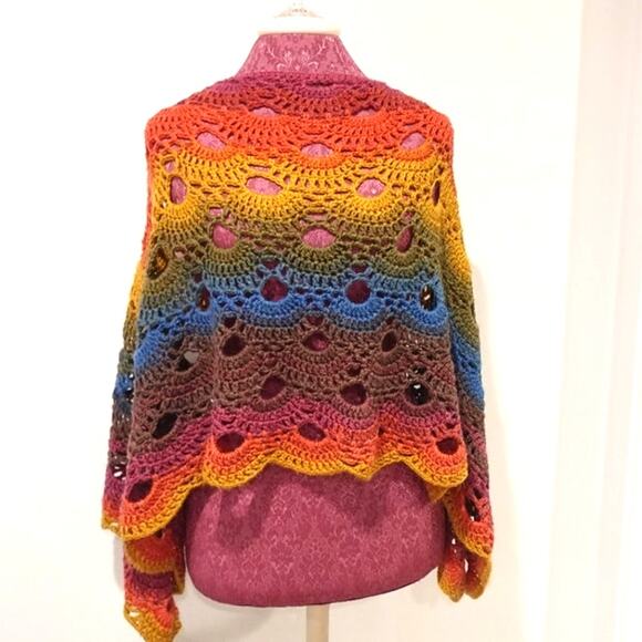 Hand Crocheted Virus Shawl in Fall Rainbow Colors M/L - Picture 1 of 5